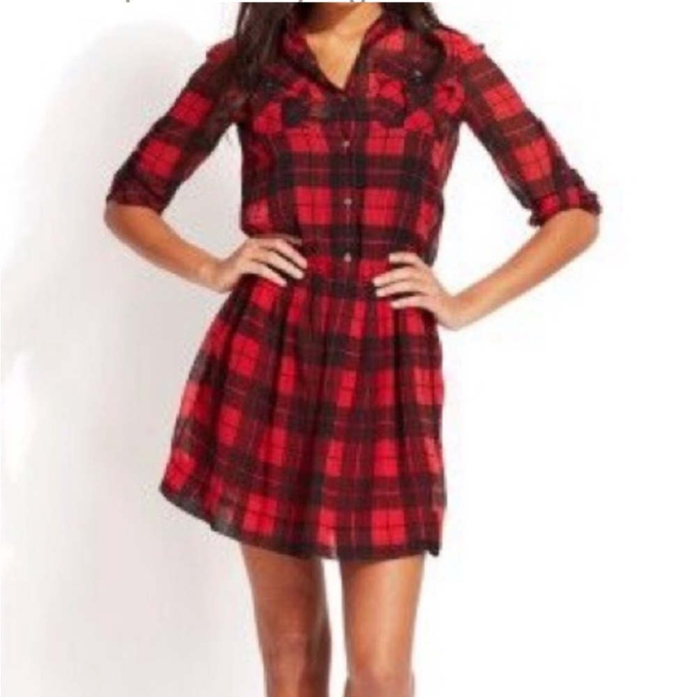Qmack Red plaid long sleeve sheer dress XS